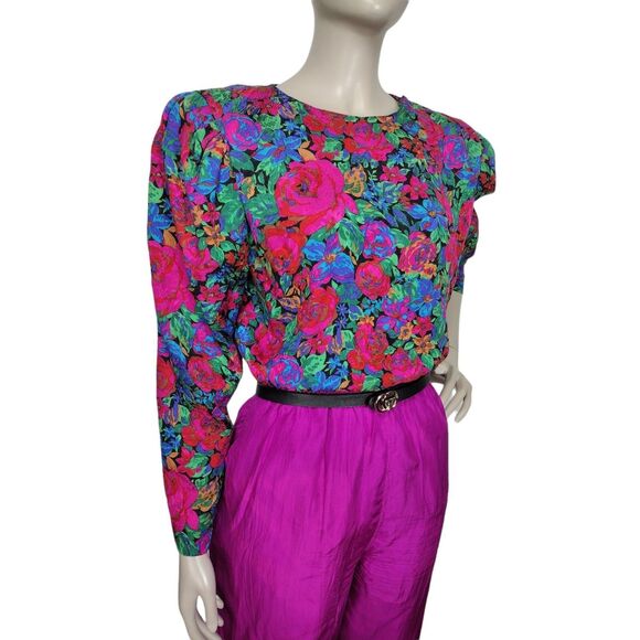 Saks Fifth Avenue Vintage 80s 100% Silk Floral High Shoulder Button-Down Blouse - Picture 1 of 11